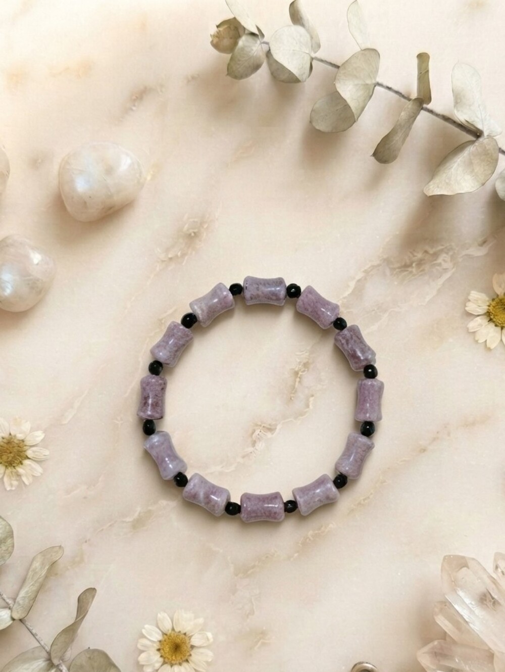 Natural Lepidolite/Purple Mica/Onyx Bracelet